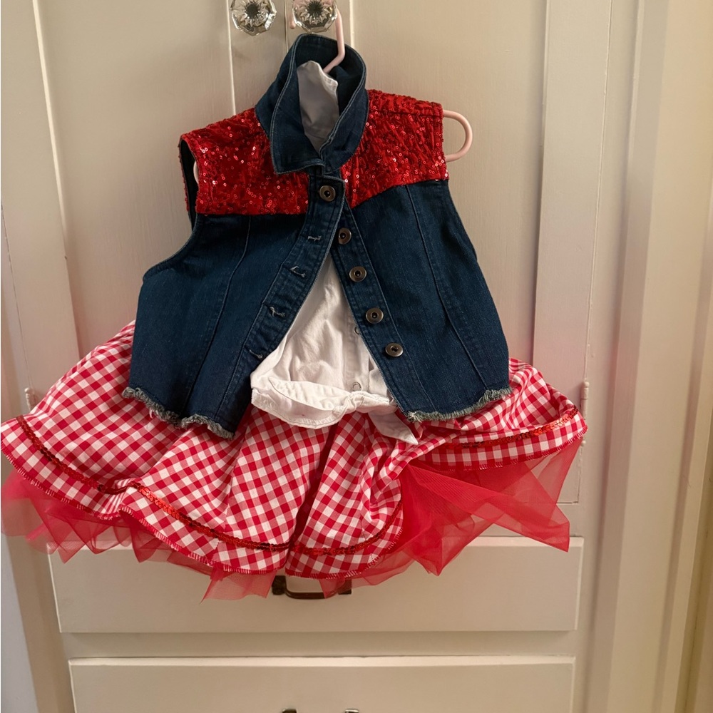 balera Red Gingham Tutu Skirt and Denim Sequin Vest Set